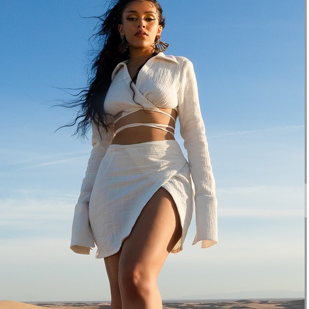PLT Pretty Little Thing Tie Skirt Set White Linen